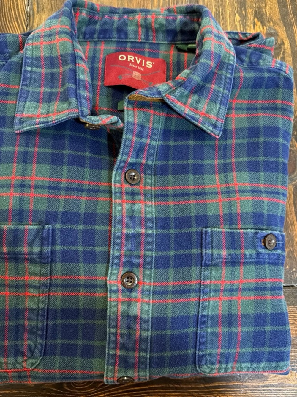 Orvis Blue, Green & Red Plaid Button-Down Flannel Shirt